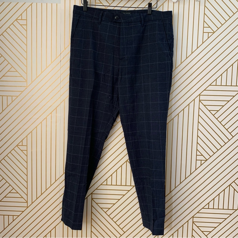 Ted Baker Wool Blend Plaid window pane navy Dress Pants Mens 34R